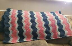 Blue, Pink, Gray Crochet Blanket. Throw Chevron Striped Rose. Mauve. Wedding Gift. Housewarming Gift - thumbnail 1