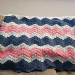 Blue, Pink, Gray Crochet Blanket. Throw Chevron Striped Rose. Mauve. Wedding Gift. Housewarming Gift - thumbnail 3