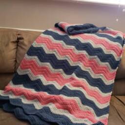 Blue, Pink, Gray Crochet Blanket. Throw Chevron Striped Rose. Mauve. Wedding Gift. Housewarming Gift - thumbnail 2