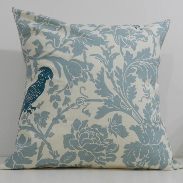 New 18x18 Inch Designer Handmade Pillow Case. Blue Flora, Bird, Cream Background