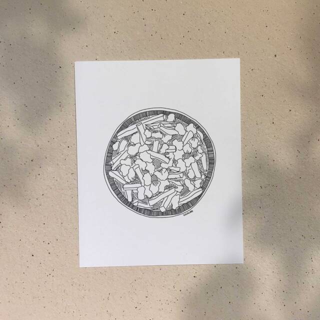 Poutine/5x7 Or 8x10In Illustration Printed On Recycled Cardboard Darvee's Montreal Icons B+W Unisex Minimalist Art Print - image 1
