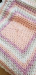 Handmade Pink, Purple, Grey & White Granny Square Baby Blanket - thumbnail 2