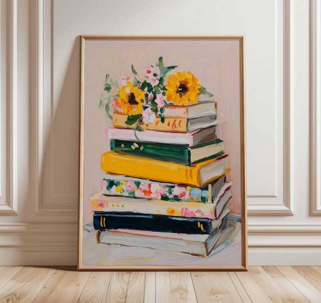 Book Lover Wall Art - Modern Still Life Poster Stack Of Books With Flowers Print Cozy Literary Artwork Reading Home Decor - image 1