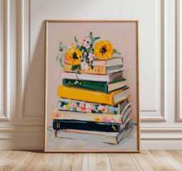 Book Lover Wall Art - Modern Still Life Poster Stack Of Books With Flowers Print Cozy Literary Artwork Reading Home Decor - thumbnail 1
