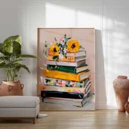 Book Lover Wall Art - Modern Still Life Poster Stack Of Books With Flowers Print Cozy Literary Artwork Reading Home Decor - thumbnail 2
