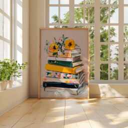 Book Lover Wall Art - Modern Still Life Poster Stack Of Books With Flowers Print Cozy Literary Artwork Reading Home Decor - thumbnail 3