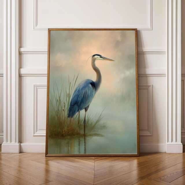 Blue Heron Wall Art, Marshland Print, Art Peach Green Brown Decor, Living Room Bedroom Office Gift For Parents - image 1