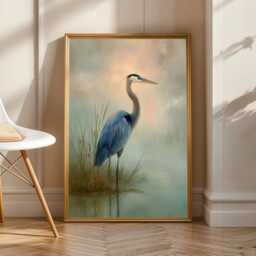 Blue Heron Wall Art, Marshland Print, Art Peach Green Brown Decor, Living Room Bedroom Office Gift For Parents - thumbnail 2