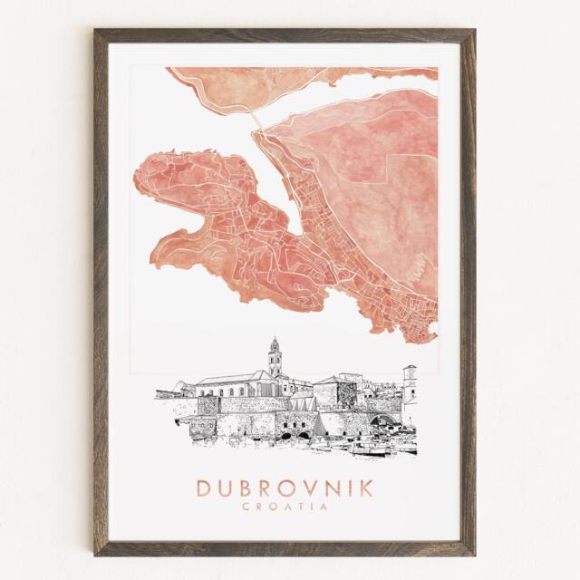 Dubrovnik Watercolor Map & Architectural Sketch Print Croatia City Block Plan - Art Print Wedding Graduation Gift European Travel Art - image 1