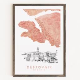 Dubrovnik Watercolor Map & Architectural Sketch Print Croatia City Block Plan - Art Print Wedding Graduation Gift European Travel Art