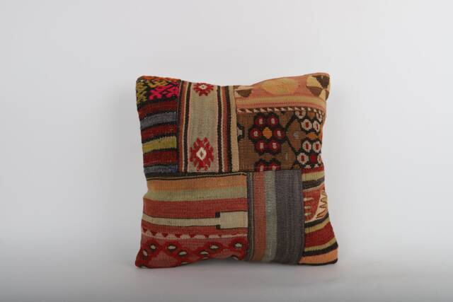 Vintage Turkish Kilim Pillow Cover Handwoven Wool Throw - 16''x16'' - image 1
