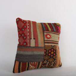 Vintage Turkish Kilim Pillow Cover Handwoven Wool Throw - 16''x16'' - thumbnail 2