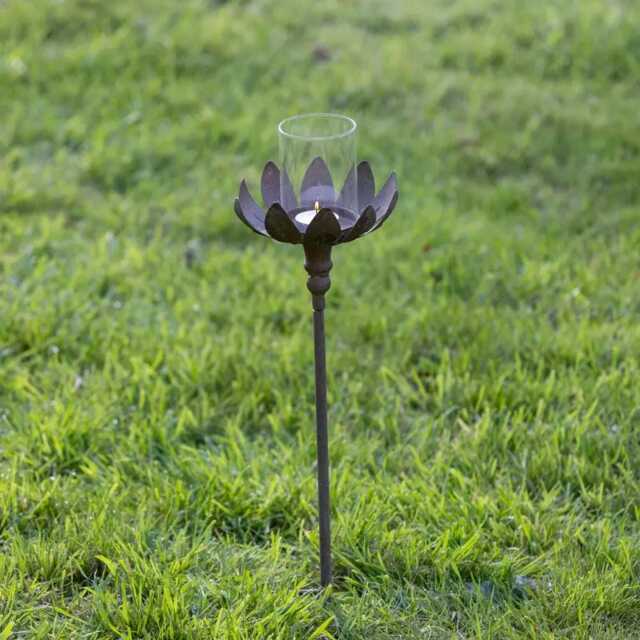 Tea Light Stake Metal Petals Tealight Candle Holder - Outdoor Garden Lantern Flower - image 1