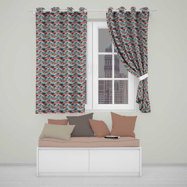 Bold Red & Teal Ocean Waves Seamless Pattern Readymade Eyelet Ring Top Thermal 100% Blackout Curtains - image 1