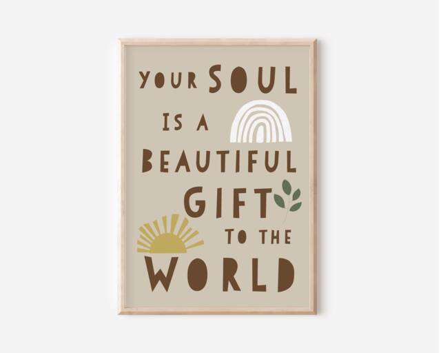 Bohemian Typography Print - Boho Nursery Decor, Beautiful Soul Quote, World, Rainbow, Sunshine, Beige, Inspirational Children, Minimalist - image 1