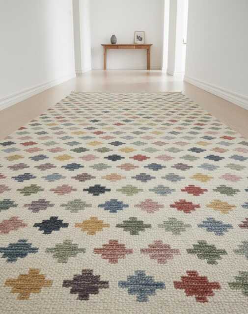 Handwoven Wool Kilim Rug, Geometric Swedish Dhurrie, Boho Hallway Colourful Runner - image 1