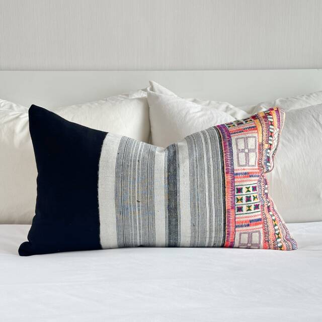 Vintage Hmong Embroidered Hemp Pillow Cover Tribal Cushion - 16 X 26 - image 1