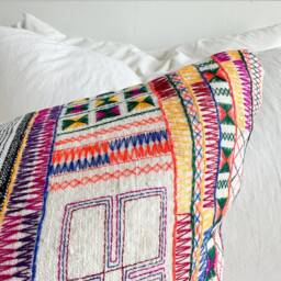 Vintage Hmong Embroidered Hemp Pillow Cover Tribal Cushion - 16 X 26 - thumbnail 2
