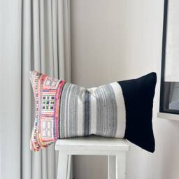 Vintage Hmong Embroidered Hemp Pillow Cover Tribal Cushion - 16 X 26 - thumbnail 4