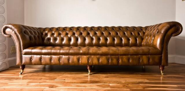 4 Seater Antique Tan Leather Chesterfield Sofa, British Handmade - image 1