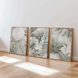 Neutral Protea Wall Art Set Of 3, Modern Botanical Prints in Beige & Sage Green, Minimal Flower Posters For Living Room Or Bedroom Decor - thumbnail 1