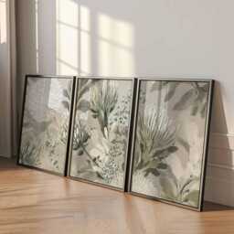 Neutral Protea Wall Art Set Of 3, Modern Botanical Prints in Beige & Sage Green, Minimal Flower Posters For Living Room Or Bedroom Decor - thumbnail 2