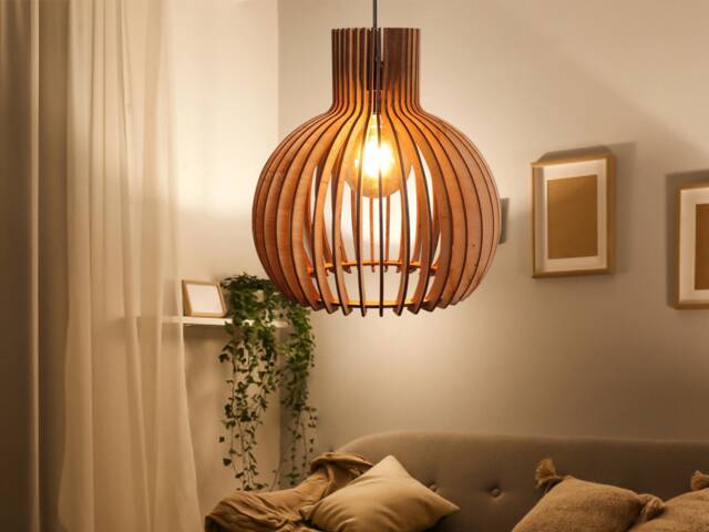 Mondo Mid Century Modern Wood Pendant Light, Plug-In Or Ceiling Onion Shape Light - image 1