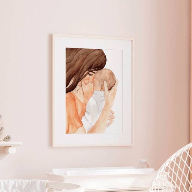 Mother's Embrace Art Print Watercolor Mom & Baby Nursery Wall Hanging - image 1