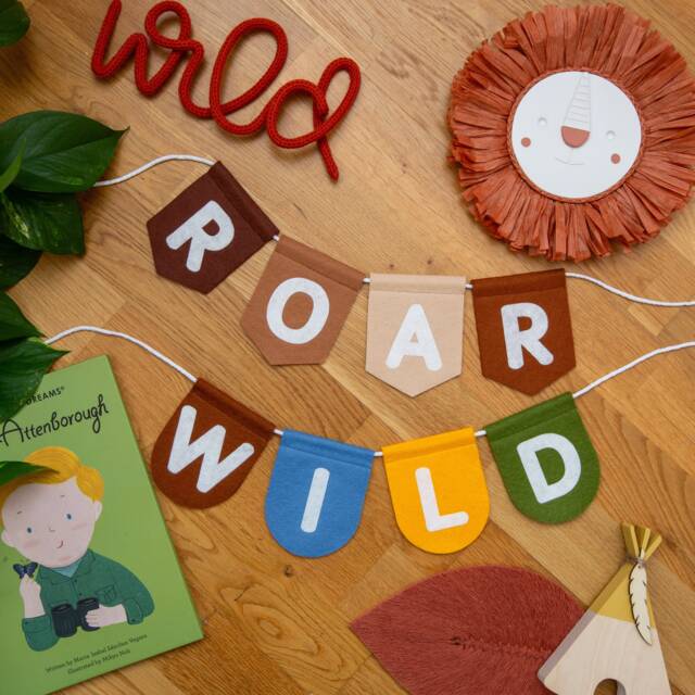 Wild, Roar, Play, Read Felt Bunting Garland, Nursery Wall Hanging, Rainbow Jungle Choices - image 1