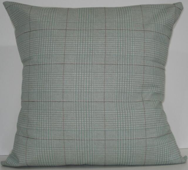New 18x18 Inch Designer Handmade Pillow Cases in A Blue Green, Cream, White, Brown & Taupe Plaid