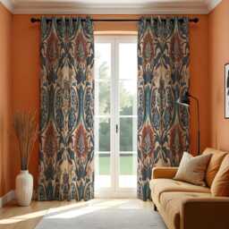 Damask Floral Curtains, Teal & Rust Ornate Pattern Drapes, Bohemian Baroque Style Custom Made Window Panels, Rod Pocket Curtains