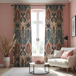 Damask Floral Curtains, Teal & Rust Ornate Pattern Drapes, Bohemian Baroque Style Custom Made Window Panels, Rod Pocket Curtains - thumbnail 2