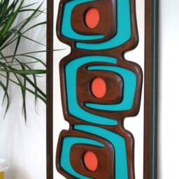 Mid Century Modern Wood Wall Art Teal & Orange Geometric Sculpture - thumbnail 2