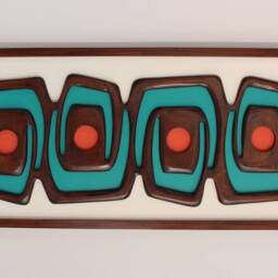 Mid Century Modern Wood Wall Art Teal & Orange Geometric Sculpture - thumbnail 3