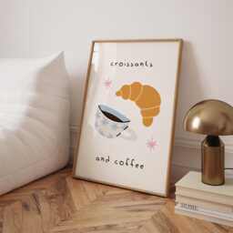 Croissants & Coffee Kitchen Print, Brunch Whimsy Home Caf?? Wall Art Illustration - thumbnail 1