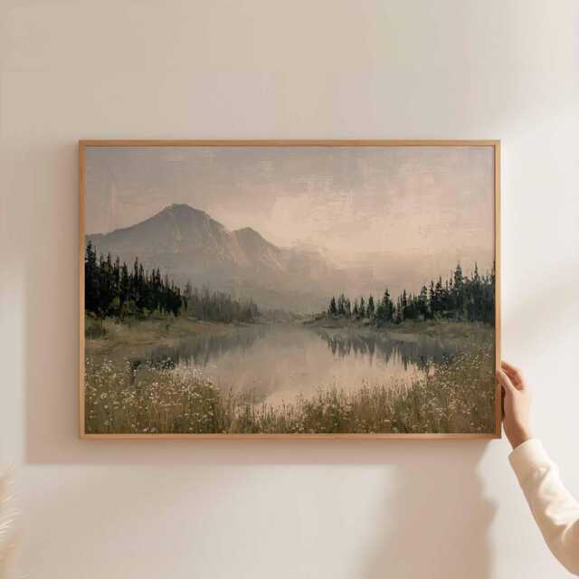 Misty Lake Sunset Print Serene Mountain Landscape Wall Art - image 1