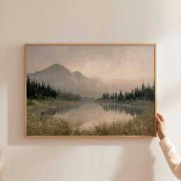 Misty Lake Sunset Print Serene Mountain Landscape Wall Art - thumbnail 1