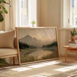 Misty Lake Sunset Print Serene Mountain Landscape Wall Art - thumbnail 2