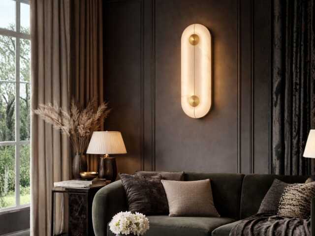 White Marble Led Wall Sconce - Brushed Brass Modern Lighting - image 1