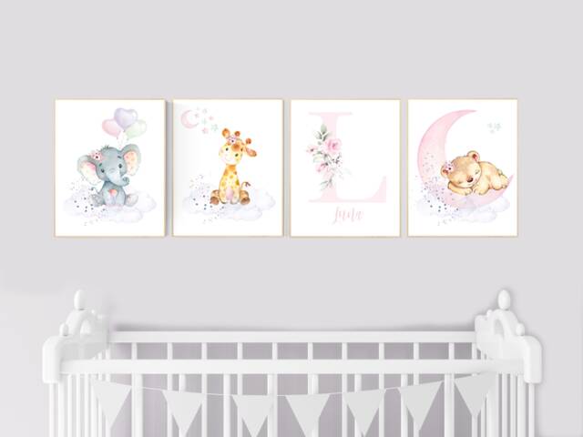 Floral Jungle Nursery Print Girl Elephant, Giraffe, Bear Wall Art - image 1