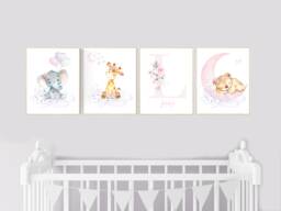 Floral Jungle Nursery Print Girl Elephant, Giraffe, Bear Wall Art - thumbnail 1