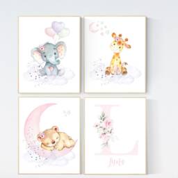 Floral Jungle Nursery Print Girl Elephant, Giraffe, Bear Wall Art - thumbnail 2