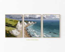Blue Green Coastal Landscape Poster Set Of 3 - Textured Ocean Wall Art Modern Abstract Seascape Prints - thumbnail 1