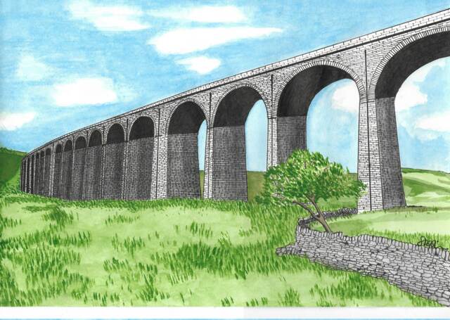Yorkshire Viaduct Ribblesdale Print/A4 Landscape Countryside/Mounted/Home Decor/Watercolour/ - image 1