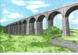 Yorkshire Viaduct Ribblesdale Print/A4 Landscape Countryside/Mounted/Home Decor/Watercolour/ - thumbnail 1