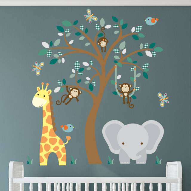 Jungle Nursery Wall Decals Giraffe, Elephant, Monkey Tree Mural - image 1