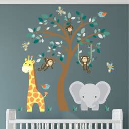 Jungle Nursery Wall Decals Giraffe, Elephant, Monkey Tree Mural - thumbnail 1