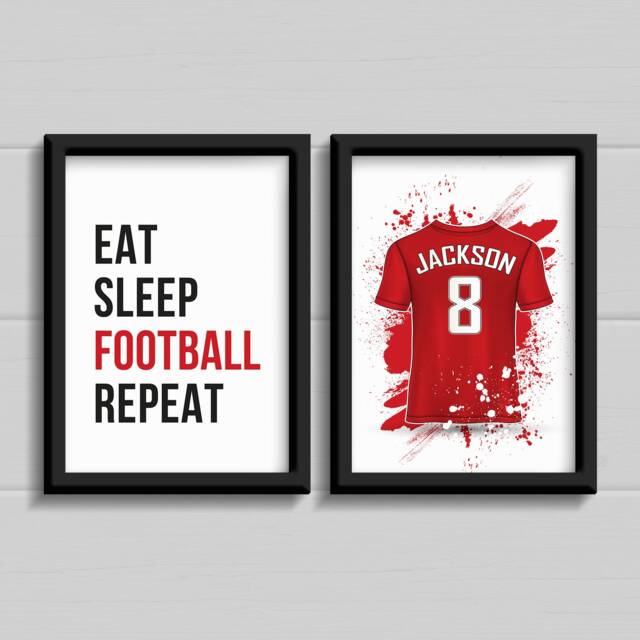 Football Shirt Prints Any Team Colours, Set Of 2 Personalised Eat Sleep Football Repeat Gift - image 1