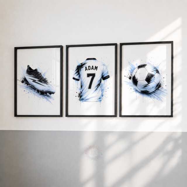 Boys Football Shirt Posters - Personalised Bedroom Prints, Kids Soccer Wall Art Set Of 3 - image 1