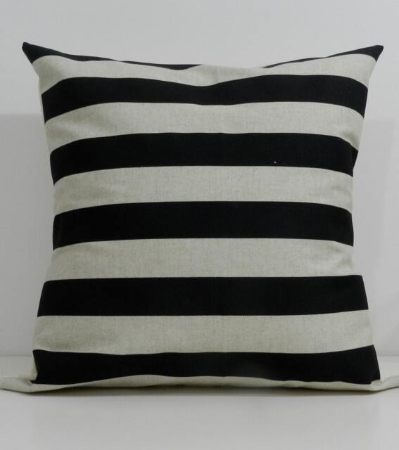 New 18x18 Inch Designer Handmade Pillow Cases in Black Stripe On Natural Color Fabric